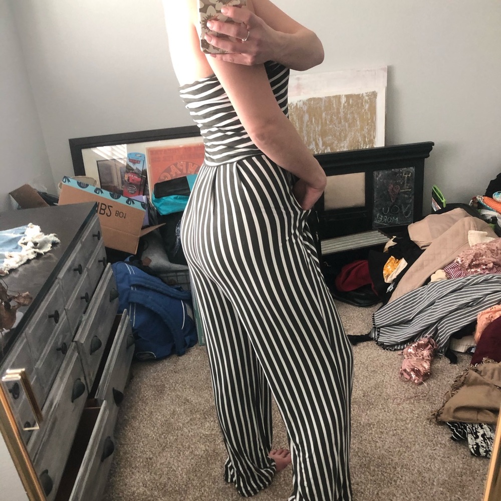 Olive green and white striped strapless jumpsuit